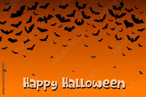 Fototapeta Vector illustration of flying bats with Happy Halloween text, spooky holiday background design in orange and black
