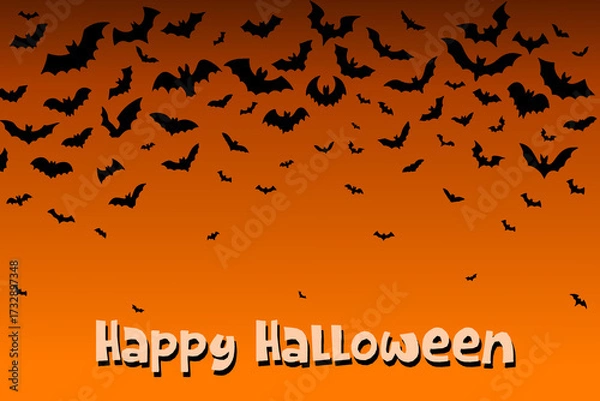 Fototapeta illustration of flying bats with Happy Halloween text, spooky holiday background design in orange and black