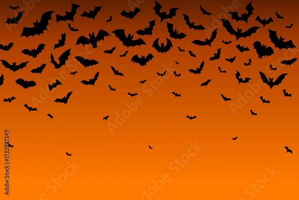 Fototapeta illustration of flying bats with Happy Halloween text, spooky holiday background design in orange and black