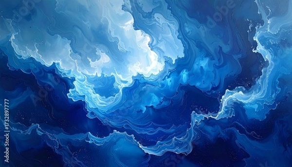 Fototapeta A vibrant, abstract artwork showcasing swirling, layered blues and whites, mimicking a dynamic cloudscape with a subtle golden shimmer