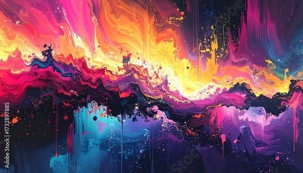 Fototapeta A vibrant abstract artwork showing fluid color gradients of red, pink, yellow, and blue, resembling a cosmic explosion