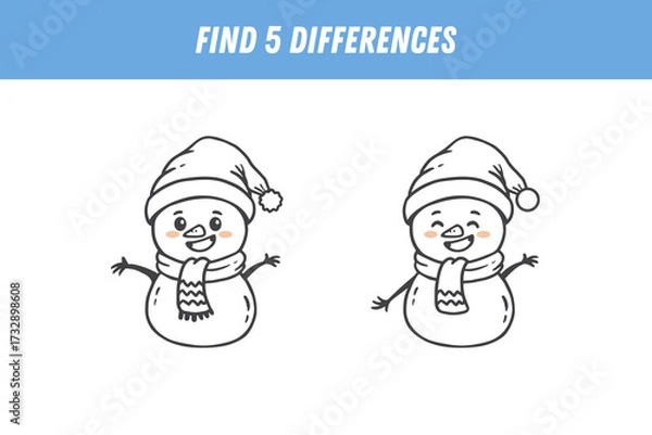 Fototapeta Find 5 differences between two pictures of cute snowman in scarf and hat. Cute snowman in doodle style. Activity page. Christmas game. Vector
