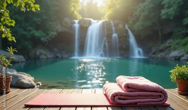 Fototapeta Yoga mat with a blanket on top on a wooden dock with a waterfall in the background