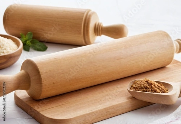 Fototapeta Rolling Pin and Baking Ingredients: Two wooden rolling pins rest on a cutting board amidst baking ingredients. captured the essence of culinary craftmanship. Ai generated image
