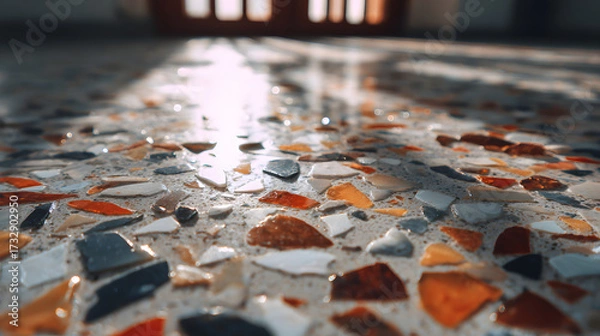 Fototapeta Terrazzo floor: An artistic composition of a terrazzo floor, revealing intricate details of color and texture as natural light dances across its surface and creating a symphony of shadows. 