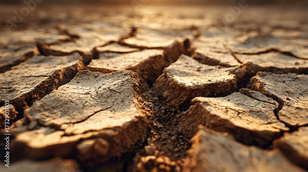 Fototapeta Cracked Earth Texture: A close-up, high-resolution shot showcasing the intricate patterns of cracked, arid earth under the blazing sun, representing drought and environmental challenge.