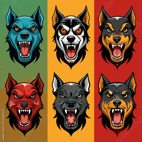 Fototapeta Vector illustration of a set of angry dog head