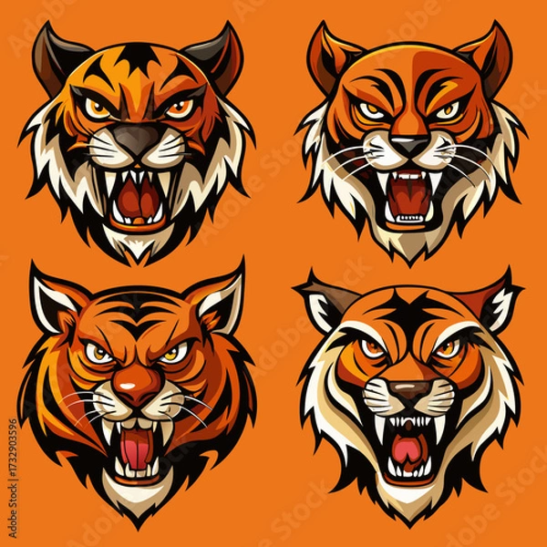 Fototapeta Four set of abstract striped tiger head vector illustration of a wildlife mammal predator face