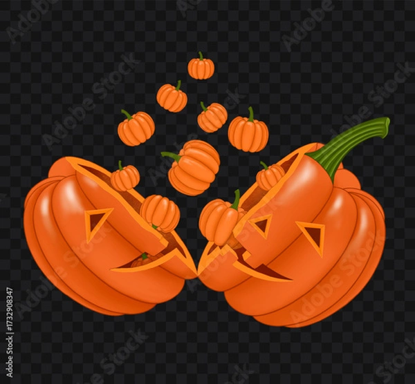 Fototapeta Halloween pumpkin split in half with pumpkins flying out on a transparent background. Vector illustration.