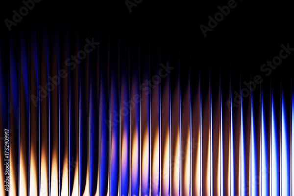 Fototapeta Neon ribbed fractal glass 3d background with vertical striped texture and blue yellow radiant gradient. Abstract black bg with bright line pattern and wave fluorescent light effect. 3D illustration
