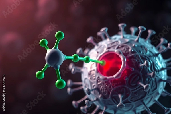 Fototapeta PFAS molecule interacts with a human cell. Visualization of the process of cell interaction. Environmental cleanliness concept