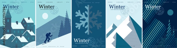 Fototapeta Winter and nature. Vector abstract modern minimalist geometric illustration of a village, alpine mountains, skiing, snowflake, and northern lights for a poster, greeting card, background, or design.