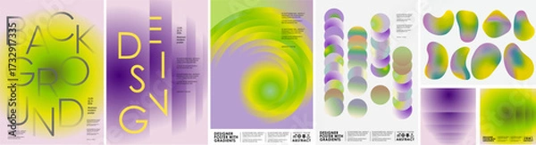 Obraz Abstract gradient background and fluid shapes. Vector illustrations featuring trendy pastel blends, modern geometric elements, art, circles, and objects in purple, green, and yellow for poster