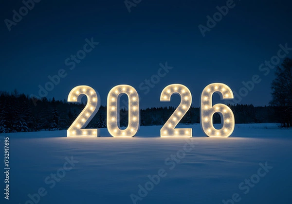 Fototapeta Illuminated "2026" in Snowy Twilight – Symbol of Peace, Hope, and New Beginnings

