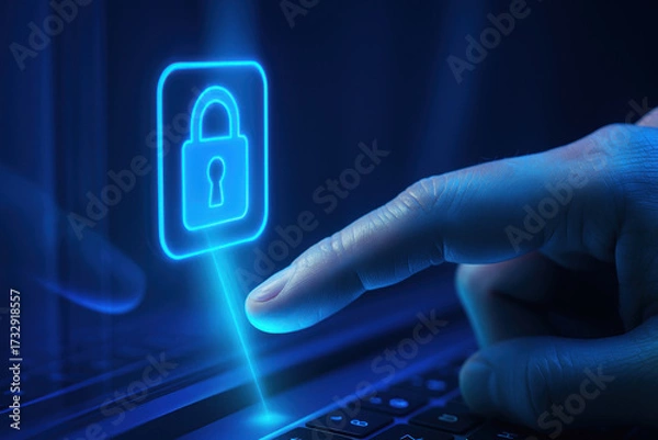 Fototapeta Cybersecurity digital lock fintech futuristic finger touching holographic padlock over keyboard conveying secure data access and confident innovation in finance