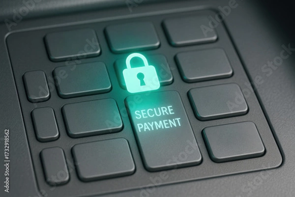 Fototapeta Secure payment digital lock fintech cybersecurity glowing keypad button conveying trust and protection in online transaction environment with modern technology assurance