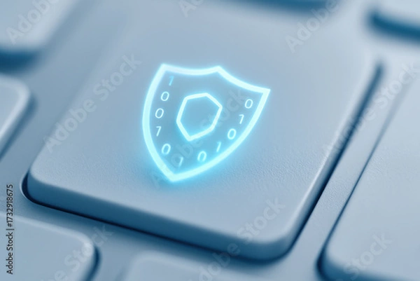 Fototapeta Cybersecurity digital lock fintech shield icon glowing on keyboard key portraying data protection and secure online transaction feeling calm and confident