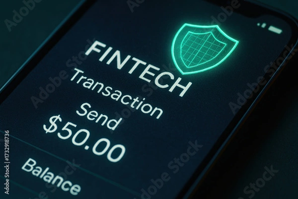 Fototapeta Fintech digital transaction screen on mobile showing secure transfer and lock icon conveying cybersecurity and modern payment technology with calm professional tone