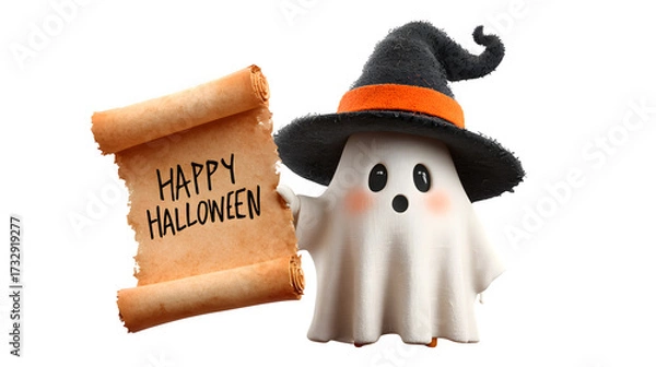 Fototapeta Ghost wearing witch hat holding happy Halloween on white background 
