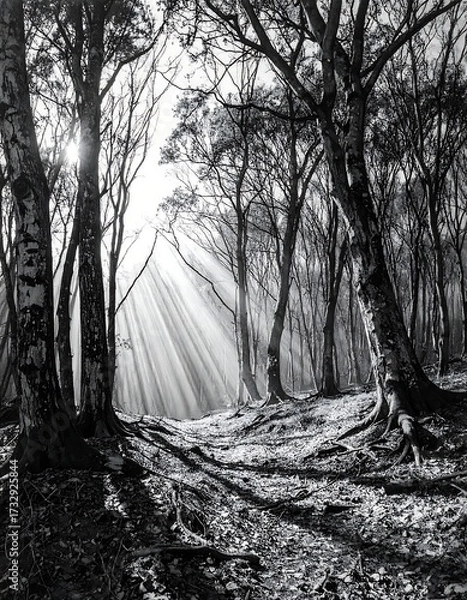 Obraz Sunlight streams through a somber forest