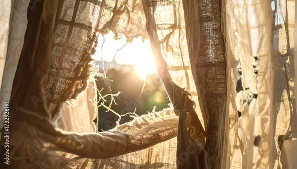 Obraz Sunlight streams through a tattered window covering