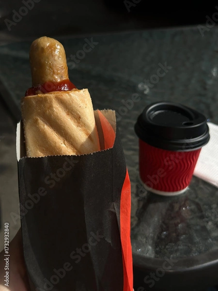 Fototapeta French hot dog in paper wrapper in hand and cup of coffee on glass table. Concept for quick snacks and takeaway food. Street cafe. 