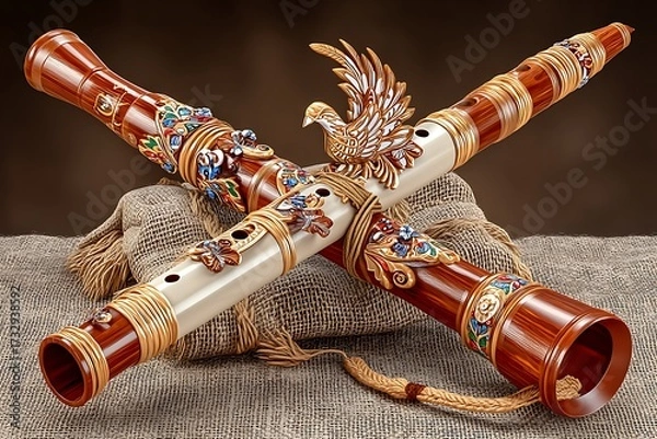 Fototapeta Wooden flutes with intricate embellishments high resolution picture