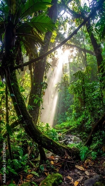 Obraz Sunlight streams through lush rainforest foliage
