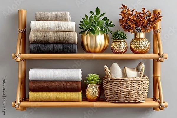 Fototapeta Decorative shelf featuring rolled towels high resolution picture