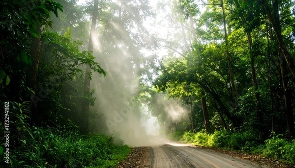 Obraz Sunlight streams through misty jungle path