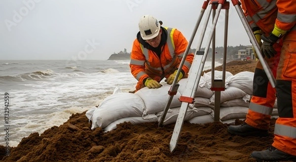 Fototapeta Workers constructing a sandbag barrier along the coastline to protect against coastal erosion and flooding