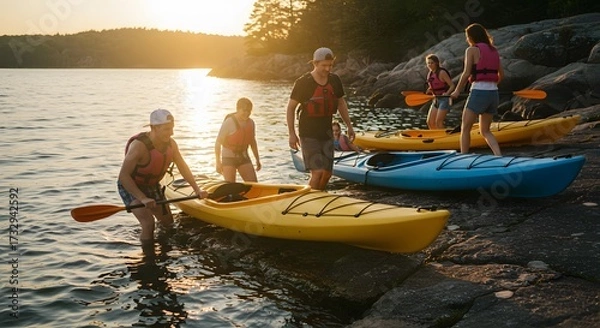 Fototapeta Group of people preparing to kayak on a lake at sunset with kayaks on the rocky shoreline
