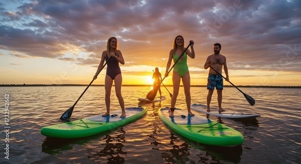 Fototapeta Group of people paddleboarding on a lake during sunset with colorful sky and water reflections