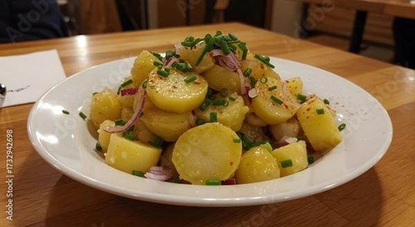 Fototapeta A white plate filled with potato salad topped with chives and red onion on a wooden table top surface