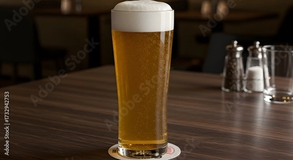 Fototapeta A tall glass of beer with a thick white head sits on a coaster on a wooden table in a dimly lit room