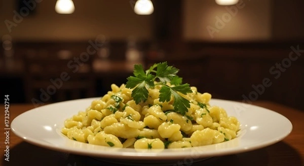 Fototapeta Close up of a plate of spaetzle topped with parsley on a wooden table in a restaurant setting