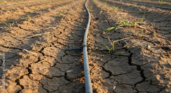 Fototapeta Close up of irrigation system running through dry cracked earth with sparse green plants visible