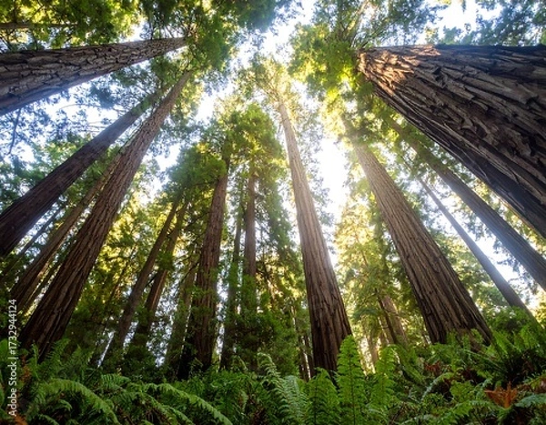 Obraz Sunlight streams through towering redwood trees