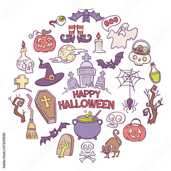Fototapeta Set of hand drawn isolated cartoon elements of Halloween celebration. Vector illustration.