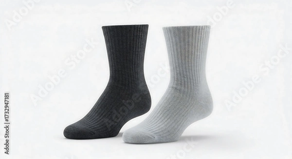 Obraz Studio shot of two ribbed crew socks, one charcoal gray and the other light gray, on a white background