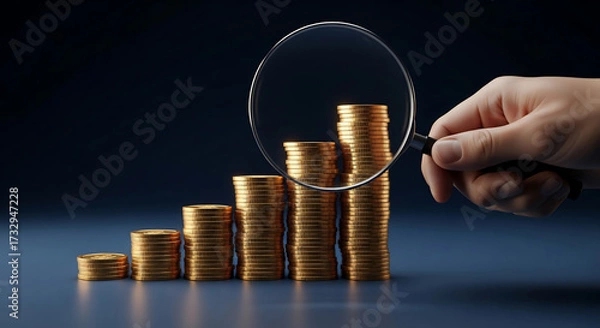Obraz A hand magnifies increasing stacks of golden coins, symbolizing financial growth and careful investment analysis