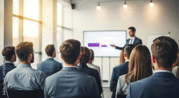 Obraz Attendees listen to a speaker presenting data on a screen during a business conference