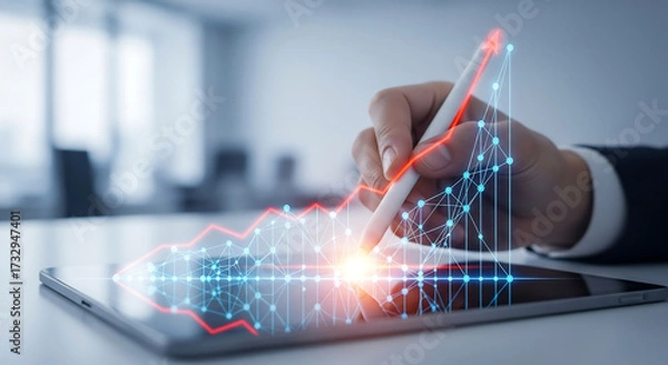 Obraz A hand uses a stylus on a digital tablet, drawing a rising financial chart with glowing lines and arrow