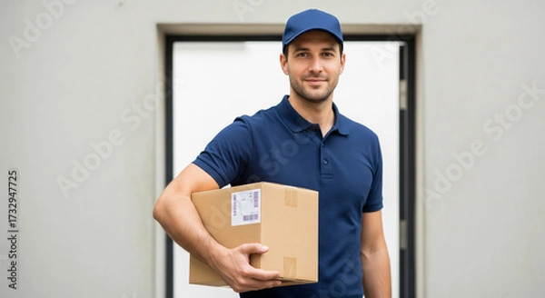 Obraz Delivery man holding a package smiling at the camera