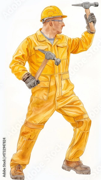 Fototapeta Skilled male construction worker in bright yellow overalls and hard hat, holding two hammers, ready for action in a dynamic construction environment showcasing craftsmanship and determination