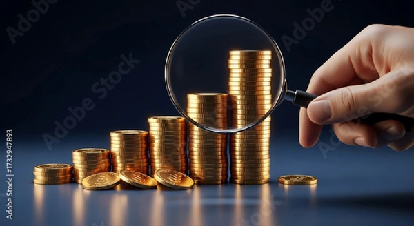 Obraz A hand uses a magnifying glass to examine stacks of golden coins, symbolizing financial growth and investment analysis