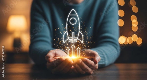 Obraz Digital rocket launch in cupped hands. Symbolizes business startup, growth, innovation and career advancement