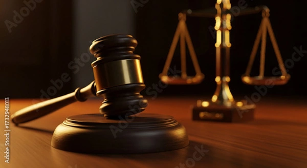 Obraz A classic wooden gavel rests on a polished desk, with golden scales of justice blurred in the background