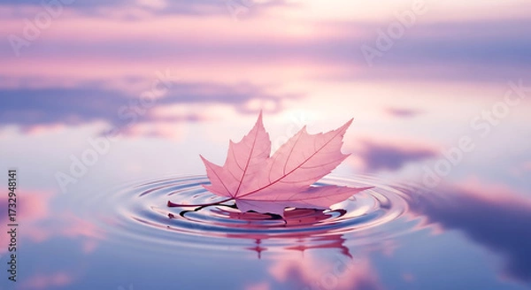 Obraz Beautiful pink maple leaf floating on water creates a tranquil scene. Soft focus landscape reflecting pastel colors evokes serenity and fall season