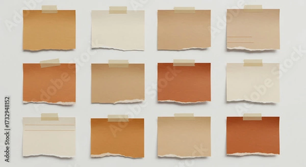 Obraz Twelve blank earth-toned paper notes pinned to a wall, styled with torn edges and adhesive tape